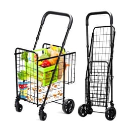IRONMAX Grocery Shopping Cart, Foldable Heavy Duty Utility Cart w/Adjustable Handle, Extra Basket & 360° Rolling Swivel Wheels, Lightweight Trolley Cart for Grocery Laundry Luggage (Black)
