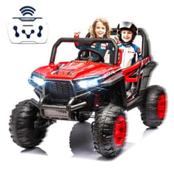 Bremermann 2 Seater Ride on Car for Kids, 4 Wheel Drive Truck with Leather Seat and Remote Control, 12V Battery Powered Off-Road UTV Toy with LED Lights, Bluetooth, Adjustable 3 Speeds, Spring Suspension, Red