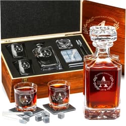 Frolk Personalized Whiskey Decanter and Stones Set - Customized Gift for Him - Men, Dad, Father - Engraved Square Classic Decanter, Glasses, Granite Stones in Container, Coasters, Tongs in Wooden Gift Box