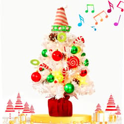 BSTDECOR Mini White Christmas Tree, Small Flocked Christmas Tree with Lights and Music Tabletop Artificial Pre-lit Xmas Tree Christmas Decorations Indoor Outdoor for Home Decor Party Gifts