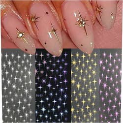 FBABFBUO Star Nail Art Stickers Decals Laser Golden Star Nail Decals 8PCS 3D Metal Four-Pointed Starburst Nails Stickers French Manicure Accessories Y2K Stars Adhesive Sliders for Women Nail Art Decorations