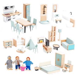 Giant bean 36pcs Wooden Dollhouse Furniture Set 5 Rooms with 4 Family Dolls, Wood and Plastic Blue Dollhouse Accessories, Pretend Play Furniture Toys Christmas Birthday Gift for Boys Girls & Kids Toddlers 3Y+