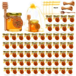 XING-RUIYANG 30 PACK 1.5 oz Mini Glass Honey Jar, Small Hexagonal Honey Jars with Wooden Dipper Gold Lid Bee Charms Gold Gift Bags and Rope for Baby Shower Wedding Party Favors
