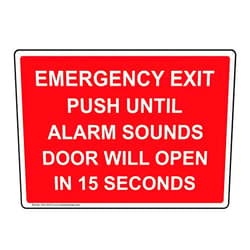 ComplianceSigns.com Emergency Exit Push Until Alarm Sounds Door Will Open In 15 Seconds Sign, 10x7 inch Plastic for Enter/Exit