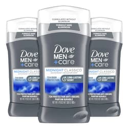 DOVE MEN + CARE Deodorant Stick for Men Midnight Classico 3 Count Aluminum Free 72-Hour Odor Protection Mens Deodorant With Essential Oils & 1/4 Moisturizing Cream 3oz