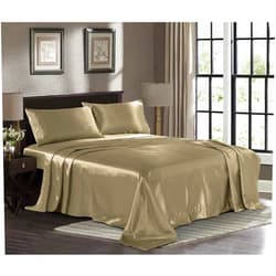 Pure Bedding Satin Sheets Full [4-Piece, Taupe] Hotel Luxury Silky Bed Sheets - Extra Soft 1800 Microfiber Sheet Set, Wrinkle, Fade, Stain Resistant - Deep Pocket Fitted Sheet, Flat Sheet, Pillow Cases