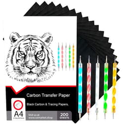 Raimarket 200 Sheets Black Carbon Paper for Tracing On Fabric | Carbon Paper for Tracing on Wood & Canvas, Tracing Paper for Drawing Sewing Patterns, 5 Stylus, A4 Size (9 X 13) Graphite Transfer Paper