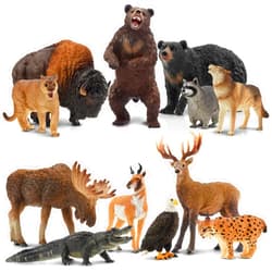 Toymany 12PCS North American Forest Animal Figurines, Realistic Jungle Animal Set Includes Raccoon,Lynx,Wolf,Bear,Eagle, Educational Toy Cake Toppers Christmas Birthday Gift for Kids Toddlers