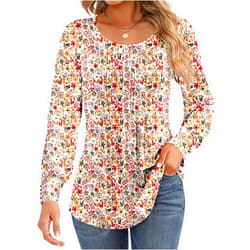 Ficerd Women's Puff Long Sleeve Tunic Tops Pleated Crew Neck Blouses Dressy Casual Loose Fit Fall and Winter Shirts