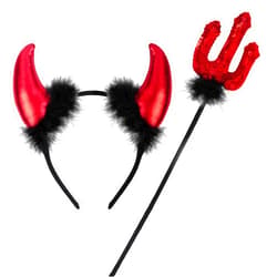 ROSAUI Devil Horns Halloween Headband and Sequin Devil Pitchfork Trident Set – Red & Black Costume Accessories for Adults Men and Women – Perfect for Halloween, Masquerade Balls, and Carnivals