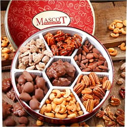 Nrmrqz Pecan Gift Tin, Nut Gift Basket, Nut Gift Box, Nut Gifts, Gourmet Snack Food, Chocolate Covered Pecans, Nut Assortment - Mascot Pecan since 1955, Milk Chocolate Caramel Clusters, Roasted & Lightly Salted Pecans, Roasted Cashews, Almonds, Cinnamon Pecans