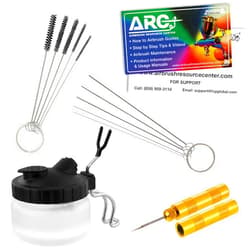 Master Airbrush 13 Piece Airbrush Cleaning Kit - Glass Cleaning Pot Jar with Holder, 5 pc Cleaning Needles, 5 pc Cleaning Brushes, 1 Wash Needle, & How to Link Card