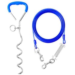 Evilplan Dog Tie Out Cable and Stake,30ft Outside Dog Run Cable Leash&Chain with Shock Spring for Camping and Yard, 16'' Heavy Duty Anti Rust Spiral Stake for Small-Large Dogs Up to 200 lbs (Blue, 200lbs 30FT)