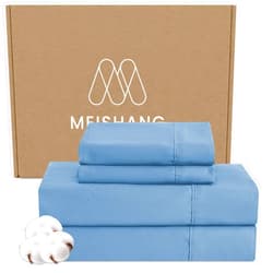 MEISHANG Cotton Sheets King Size - 600 Thread Count Sateen Sheet Set - Soft, Breathable, Cooling Egyptian Cotton with Deep Pocket - 4 Pieces(Smoky Blue)