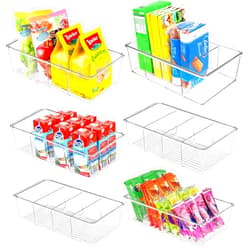 ZIZOTI 6 Pack Food Storage Organizer Bins Clear Plastic Removable Snack Organizer Pantry Organization Storage Racks with 3 Dividers, Kitchen, Cabinets Snacks, Packets, Spices, Pouches Stackable Bins