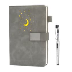 LOPWO Lined Journal Notebook with Pen for Men & Women - 192 Numbered Pages 100gsm Thick Paper Vegan Leather Hardcover Writing journals - A5 Ruled Personal Diary for Work School - Moon and Stars (Gray)