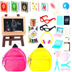 FFNIU 30 Pcs School Supplies Set, Doll Backpack, Laptops, Glasses, Blackboard, Mini Book, Palette, Paper, Ruler, Scissors, Calculator for Dolls