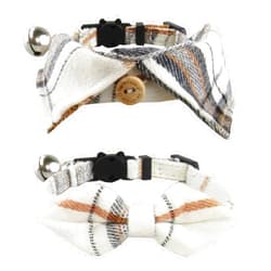 Alainzeo 2 Pack Upgraded Breakaway Cat Collar with Bow Tie and Bell, Adjustable Cute Plaid Cotton Kitten Collar for Male and Female Cats and Small Dogs(Beige)
