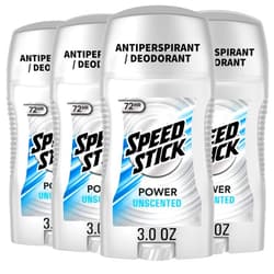Speed Stick Power Antiperspirant Deodorant for Men, 72 HR Sweat & Odor Protection, Unscented, 3.0 oz Stick (4 Pack)