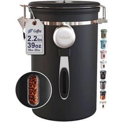 Veken Large Coffee Canister with Window, Kitchen Food Storage Airtight Stainless Steel Container for 2.2lbs Coffee Beans, Grounds, Rice,Tea, Flour, Cereal, Sugar Jars,Date Tracker and Scoop 39oz,Black