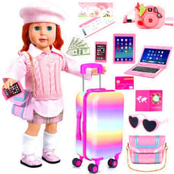 WONDOLL 18-inch-Doll-Clothes and Accessories - Doll-Travel-Suitcase Luggage, Doll-Clothes and Shoes, Bag, Sunglasses, Camera, Passport, Notebook, Phone, pad Doll Travel Gear Play Set Fit 18 inch Doll