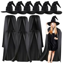 Xtinmee 12 Pcs Halloween Witch Cosplay Accessories 6 Pcs Halloween Witch Hat Large Ruched Black Witch Hat and 6 Pcs Witches Cape Black Wizard Cloak Women Costume Accessories for Carnival Party