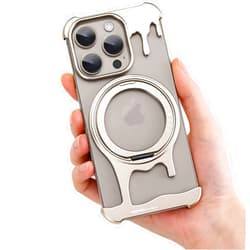 SAMORINO Metal Frameless Bumper Case for iPhone 15 Pro Case, with Kickstand 360° Rotatable Magnetic Stand, Minimalist Aluminum Bumper Protective, Bezel Less Slim Shockproof + Easy Fit, Titan Natur