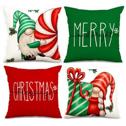 AnyDesign Christmas Pillow Covers Christmas Gnome Throw Pillow Case 18 x 18 Inch Decorative Red Green Merry Christmas Cushion Cover for Home Couch Sofa Farmhouse Decor, Set of 4