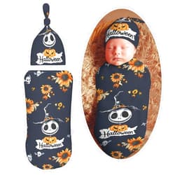 AuHomea Halloween Pattern in Black Skulls Newborn Swaddle Blanket Soft Unisex Infant Swaddle Wrap Blanket Baby Receiving Blanket with Beanie Hat for Boy and Girl