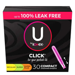 U by Kotex Click Compact Multipack Tampons, Regular/Super/Super Plus Absorbency, Unscented, 30 Count