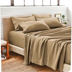 RESTURA Olympic Queen Sheet Set 1000 Thread Count - 6 Piece Egyptian Cotton Taupe Bed Sheets Soft 20 Inches Deep Easy Fit Breathable Wrinkle Free Comfy Bedding Sheets