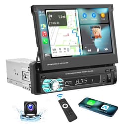 Podofo Single Din Apple Carplay Car Stereo with Bluetooth AHD Backup Camera, 7” flip Out Touch Screen Car Radio MP5 Player Support Android Auto, Mirror Link, USB, TF, FM Radio, Aux-in, SWC