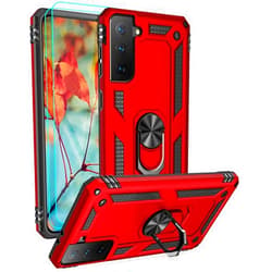 Androgate for Samsung Galaxy S21 FE 5G Case with HD Screen Protectors, Military-Grade Metal Ring Holder Kickstand 15ft Drop Tested Shockproof Cover Case for Samsung Galaxy S21 FE Red
