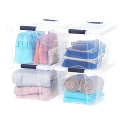 IRIS USA 40 Qt Stackable Plastic Storage Bins with Lids, 4 Pack - BPA-Free, Made in USA - See-Through Organizing Solution, Latches, Durable Nestable Containers, Secure Pull Handle - Clear