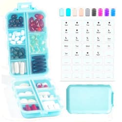 LANDNEOO 14 GRIDS Travel Pill Organizer Box with Labels - Travel Medicine Case Kit - Pocket Daily Pharmacy Container - Travel Medication Holder Dispenser for Fish Oil Vitamin Supplement Storage - Sky Blue
