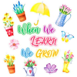 Haull 45 Pcs Spring Floral Cutouts Flower Potted Butterfly Bulletin Board with 100 Pcs Glue Points When We Learn We Grow Classroom Decoration Set Wall Decals for School Party Teacher Supplies