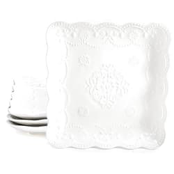 Tebery Set of 4 Square Embossed Ceramic Plate, 10 Inch Elegant Dinner Plates Ivory White, Appetizer Salad Serving Plates Kitchen Plates for Breakfast Afternoon Tea Banquet Party Steak Pasta