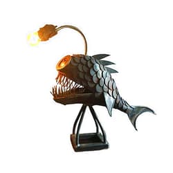 NFSQSR Creative Steampunk Decor, Angler Fish Lamp Steampunk, Vintage Iron Art Handmade Statue Sea Animal Ornament Desktop Night Light for Bedroom Lighting USB LED Silicone Animal Lamp Bedroom(Big)