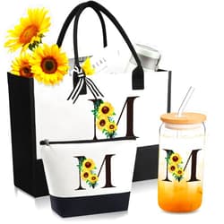 Frerdui Personalized Gifts for Women, Monogrammed Gifts for Women, Initial Monogram Gifts Sunflower Birthday Gifts for Women Mom Sister Best Friends - Monogrammed Canvas Tote Bag & Makeup Bag & Glass Cup M