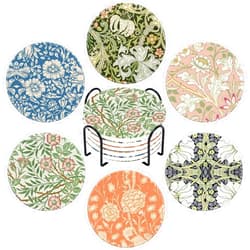 Generic AnyDesign 6Pcs William Morris Floral Ceramic Coaster Plant Flower Absorbent Drink Coaster with Cork Base and Metal Holder for Coffee Table Room Bar Home Decor Housewarming Gifts