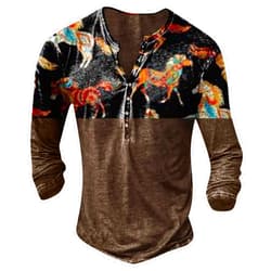 Shusuen Men Casual Large Size Pullover Tops 3d Digital Print Long Sleeve Retro V Neck Tshirt Fashion Loose Sweatshirt