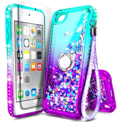 NGB Supremacy NGB iPod Touch 7 Case, iPod Touch 6/5 Case with HD Screen Protector and Ring Holder for Girls Women Kids, Glitter Liquid Cute Case for Apple iPod Touch 7th/6th/5th Generation (Aqua/Purple)