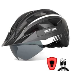 VICTGOAL Bike Helmet with USB Rechargeable Rear Light Detachable Magnetic Goggles Removable Sun Visor Mountain & Road Bicycle Helmets for Men Women Adult Cycling Helmets