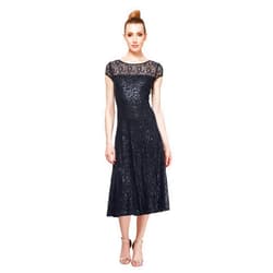 S.L. Fashions Women's Short Sleeve Sequin and Lace Tea Length Mother of The Bride Dress (Petite and Regular Sizes)