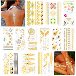 JALEVID Metallic Temporary Tattoos for Women Teens Girls 12 Sheets 120+pcs Tattoos Gold Silver Glitter Flash Waterproof Tattoo Stickers for Beach, Festivals, Parties