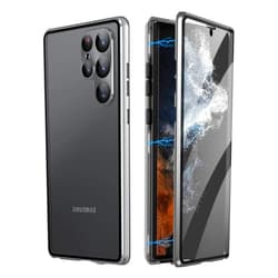 LUWAY Lockable Magnetic Case Glass Case for Samsung Galaxy S23 Ultra/S23 Plus/S23 Safety Lock 360 Full Body Double Sided Glass Bumper Case Clear Cover,Silver,for S23 Ultra