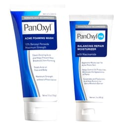 PanOxyl Bundle of PanOxyl Acne Foaming Wash Benzoyl Peroxide 10% Maximum Strength Antimicrobial, 5.5 Oz + PanOxyl PM Balancing Repair Moisturizer with Niacinamide, Ceramides and Cica, 3 oz
