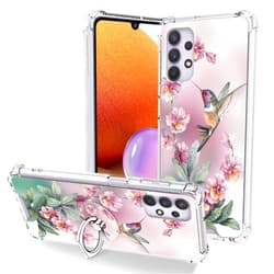 OOK Clear Case Compatible with Samsung Galaxy A32 5G, Pink Hummingbird Pattern Flexible TPU Shockproof Anti-Scratch Bumper Transparent Cover for Galaxy A32 5G with Ring Kickstand