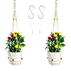 JINRUCHE Macrame Plant Hangers 29 Inch, Hangering Plant Basket Woven Boho Decro with 2 Hooks and 2 Ceiling Hooks for Indoor Outdoor and Home (Ivory, 2 Pack)