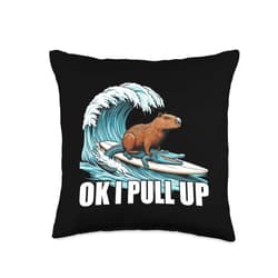 Funny Wave Capybara Surfing Rodent Respect Gifts Funny Wave Capybara Surfing Ok I Pull Up Rodent Respect Meme Throw Pillow, 16x16, Multicolor